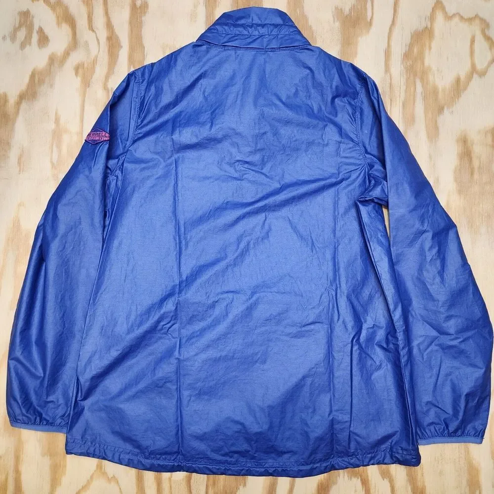 Merrell Womens M Rain Jacket Blue‎ Lightweight Button Zip Pockets Cinch Waist